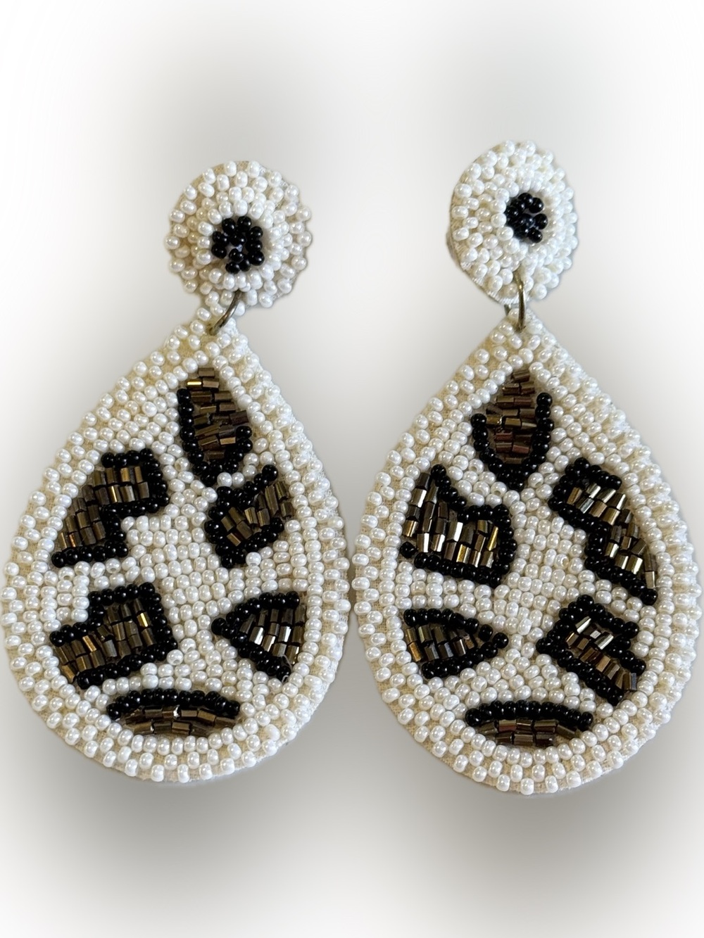 White Bronze & Black Beaded Teardrop Earrings in White, Bronze and Black